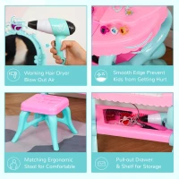 Qaba 2 In 1 Musical Piano Kids Dressing Table Set, 32 PCS Vanity Make Up Desk, Children Pretend Toy, with Beauty Kit, Mirror, Stool, Light, for 3-6 Years Old, Pink, Blue(m-8)