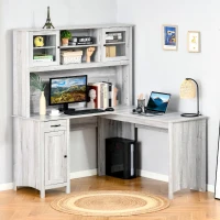 HOMCOM L-Shaped Desk with Hutch, Computer Desk with Drawers, Home Office Corner Desk Study Workstation Table with Storage Cabinets Shelves, Grey(m-12)
