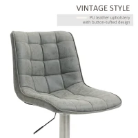 HOMCOM Vintage PU Leather Bar Stool with Stainless Steel Base, Adjustable Counter Height Bar Chair Swivel Barstool with Back, Footrest, Grey(m-6)