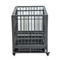PawHut 36" Heavy Duty Dog Crate Metal Cage Kennel with Lockable Wheels, Double Door and Removable Tray, Gray(m-9)
