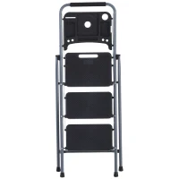 HOMCOM Foldable 3-Step Steel Ladder with Tool Tray  Handgrip  Anti-Slip Pads Grey and Black(m-4)