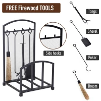 HOMCOM 4-Piece Iron Firewood Rack Wood Rack Tools Set: Brush  Shovel  Tong  Hook Black(m-4)