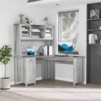 HOMCOM L-Shaped Desk with Hutch, Computer Desk with Drawers, Home Office Corner Desk Study Workstation Table with Storage Cabinets Shelves, Grey(m-2)