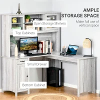 HOMCOM L-Shaped Desk with Hutch, Computer Desk with Drawers, Home Office Corner Desk Study Workstation Table with Storage Cabinets Shelves, Grey(m-5)