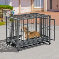 PawHut 36" Heavy Duty Dog Crate Metal Cage Kennel with Lockable Wheels, Double Door and Removable Tray, Gray(m-2)