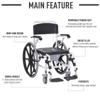 HOMCOM Rolling Shower Wheelchair Bath Toilet Commode Bariatric with Wheels, Detachable Bucket & Shower-Proof Design, 17" Seat Width, Black(m-4)