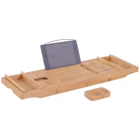 kleankin 42" Adjustable Luxury Bath Caddy Book Tablet Laptop Wine Holder Natural Bamboo Tray(m-1)