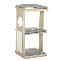 PawHut Wooden Cat Condo 3 Story Barrel Tower w/ Perch Removable Cover Cushions Sisal Scratching Carpet, Grey(m-9)