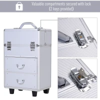 HOMCOM Professional Rolling Full Makeup Travel Train Case, Large Storage Cosmetic Trolley with Folding Trays, Drawer and Locks, Silver(m-6)