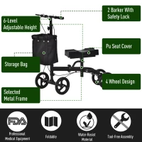 HOMCOM Knee Walker w/ Basket Safety Lock Crutch Alternative PU Seat Rehabilitating Rollator Black(m-4)