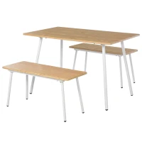 HOMCOM 3 PCs Table Dining Set With 2 Matching Benches P2 Grade MDF Steel Legs Dining Room - Natural(m-1)