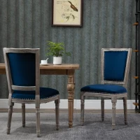 HOMCOM Vintage Upholstered Dining Chairs Set Of 2 with Nailhead Trim , Thick Padded Seat Cushions, and Wood Legs, Blue(m-9)