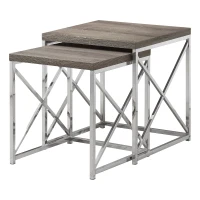 Monarch Contemporary 2 Piece Chrome Frame Accent Side Nesting Table Set - Dark Taupe Wood Grain-Look Finish(m-1)