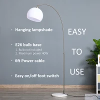 HOMCOM Arc Floor Lamp,Metal Standing Lamp, with 350° Flexible Lampshade, Adjustable Pole, and Marble Round Base for Living, Office, Bedroom, White/Silver(m-7)