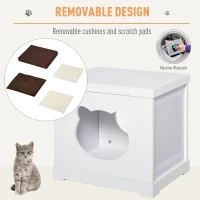 PawHut Wooden Cat Bed Cube House with Soft Padded Cushions, 2 Exterior Scratching Boards, & Interior Space, White(m-5)