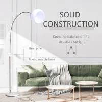 HOMCOM Arc Floor Lamp,Metal Standing Lamp, with 350° Flexible Lampshade, Adjustable Pole, and Marble Round Base for Living, Office, Bedroom, White/Silver(m-6)