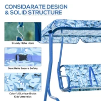 Outsunny Kids Porch Swing, Outdoor 2-Seat Children Patio Chair, Toddler Glider with Adjustable Canopy, Seat Belt for Garden Backyard Shark Pattern(m-4)