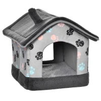PawHut Heated Cat House Condo, Foldable Enclosed Pet House with Heating Pad for Cats or Small Dogs, Use for Indoor & Outdoor Paw Print Pattern(m-1)