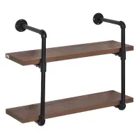 HOMCOM 2-Tier Industrial Pipe Shelves, Floating Wall Mounted Bookshelf, Metal Frame Display Rack for Living Room or Bedroom, Rustic Brown(m-1)
