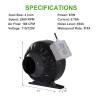 DURHAND 4 Inch Inline Fan Carbon Filter Duct Combo 2 Clamps Hydroponics Grow Room Tent Ventilation Kit(m-4)