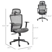 Vinsetto High-Back Mesh Home Office Chair with Coat Hanger, Computer Task Chair with Adjustable Height, Arms, Headrest and Lumbar Support, 360° Wheels and Seat, Reclining Function, Grey(m-3)