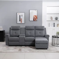 HOMCOM Modern L-Shaped Sectional with Chaise, 3 Seater Manual Recliner with Ottoman, Storage Console, Cup Holders, USB Charging, Gray(m-9)