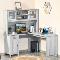 HOMCOM L-Shaped Desk with Hutch, Computer Desk with Drawers, Home Office Corner Desk Study Workstation Table with Storage Cabinets Shelves, Grey(m-11)