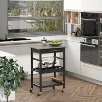 HOMCOM Pine 3-Tier Multifunction Kitchen Rolling Island Cart with Open Storage Shelves, Wine Rack & Stainless Steel Top(m-8)