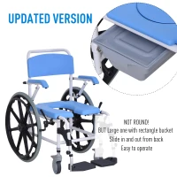HomCom Rolling Shower Wheelchair Bath Toilet Commode Bariatric with 24" Wheels, Detachable Bucket & Shower-Proof Design, 17" Seat Width, Blue(m-7)