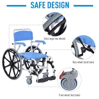 HomCom Rolling Shower Wheelchair Bath Toilet Commode Bariatric with 24" Wheels, Detachable Bucket & Shower-Proof Design, 17" Seat Width, Blue(m-6)