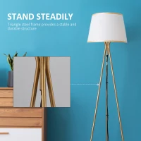 HOMCOM Modern Tripod Floor Lamp, Freestanding Lamp w/ Fabric Lampshade and E26 Base for Living Room, No Bulb - Gold(m-5)