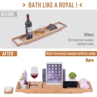 kleankin 42" Adjustable Luxury Bath Caddy Book Tablet Laptop Wine Holder Natural Bamboo Tray(m-5)