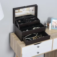 HOMCOM 3-Tier Jewelry Box Organizer with Glass Mirror and 6 Slots for Beauty Accessories, Costume Jewelry - Walnut(m-2)