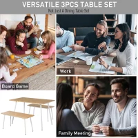 HOMCOM 3 PCs Table Dining Set With 2 Matching Benches P2 Grade MDF Steel Legs Dining Room - Natural(m-5)