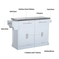 HOMCOM Rolling Kitchen Island with Storage, Portable Kitchen Cart with Stainless Steel Top, 2 Drawers, Spice, Knife and Towel Rack and Cabinets, White(m-4)