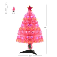 HOMCOM 3ft Tall Pre-Lit Douglas Fir Artificial Christmas Tree with Realistic Branches, 90 Multi-Color LED Lights, Fiber Optics, and 90 Tips, Pink(m-3)