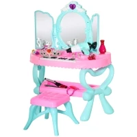 Qaba 2 In 1 Musical Piano Kids Dressing Table Set, 32 PCS Vanity Make Up Desk, Children Pretend Toy, with Beauty Kit, Mirror, Stool, Light, for 3-6 Years Old, Pink, Blue(m-1)
