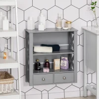 kleankin Wall Mount Bathroom Storage Rack with Open Shelves and Drawer Wooden Cabinet Organizer for Bathroom - Grey(m-2)