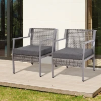 Outsunny 2 Piece Rattan Wicker Patio Dining Chairs, Patio Furniture Set with Armrest, Cushions for Backyard, Garden, Grey(m-2)