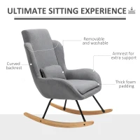 HOMCOM Modern Rocking Chair with Removable Lumbar Pillow Fabric Sofa Armchair with Thick Padding, Metal Frame, Wood Base for Living Room, Light Gray(m-5)