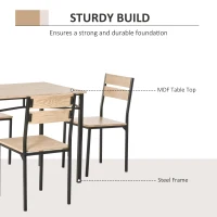 HOMCOM Rustic Industrial 5-Piece Dining Table Set Black Metal with 4 Chairs for Kitchen, or Dining Room, Oak(m-4)