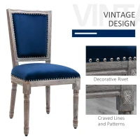 HOMCOM Vintage Upholstered Dining Chairs Set Of 2 with Nailhead Trim , Thick Padded Seat Cushions, and Wood Legs, Blue(m-6)