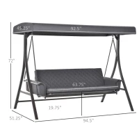 Outsunny 3-Seat Patio Swing Chair, Converting Flatbed, Outdoor Porch Swing Bed Glider with Adjustable Canopy, Removable Cushions, Pillows for Garden, Poolside, Backyard, Gray(m-3)