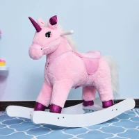 Qaba Unicorn Rocking Horse Toy with Sound for Kids  Wooden Plush Ride-On Rocker Battery Operated - Pink(m-2)