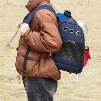 PawHut Foldable Pet Carrier Backpack with Two Storage Packets, Breathable Mesh, Transparent Window & Adjustable Shoulder Strap for Small Cats & Dogs Travel Hiking, Blue(m-7)