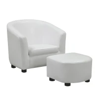 Monarch Kids' Upholstered Leather-Look Barrel Club Chair with Matching Ottoman - White(m-1)