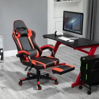 Vinsetto High Back Gaming Chair, PU Leather Racing Style Gamer Computer Chair with Retractable Footrest with Lumbar Support, Pillow and Adjustable Padded Armrests, Red(m-9)