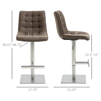 HOMCOM Vintage PU Leather Bar Stool with Stainless Steel Base, Adjustable Counter Height Bar Chair Swivel Barstool with Back, Footrest, Brown(m-3)