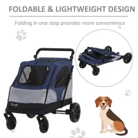PawHut Pet Stroller Foldable Dog Cat Carriage with Adjustable Handlebar Brake, Storage Bag, Mesh Window, Safety Leash, Blue(m-6)