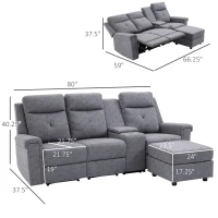 HOMCOM Modern L-Shaped Sectional with Chaise, 3 Seater Manual Recliner with Ottoman, Storage Console, Cup Holders, USB Charging, Gray(m-3)